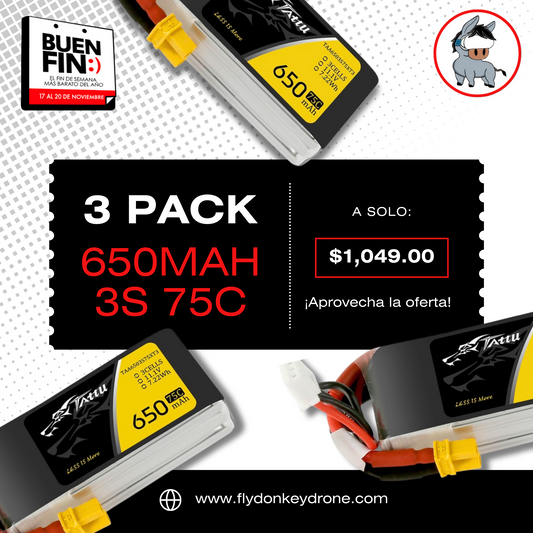 3 pack  Batería Lipo TATTU 650 mah 3S 75C conector XT-30