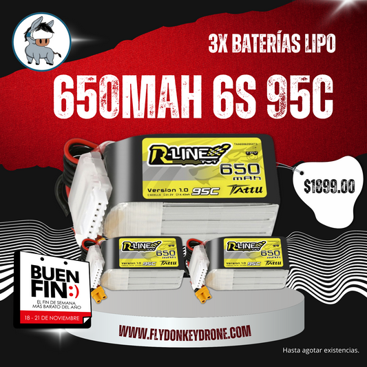 3 Pack - Batería Lipo TATTU R-Line 650 mah 22.2V 6S 95C con conector XT30